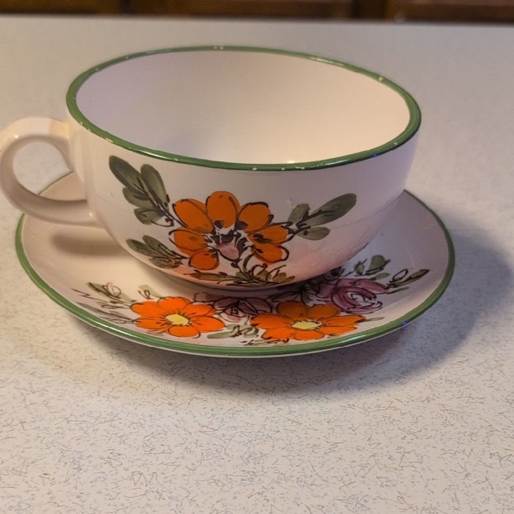 Floral Teacup and Saucer Set - Orange and Green